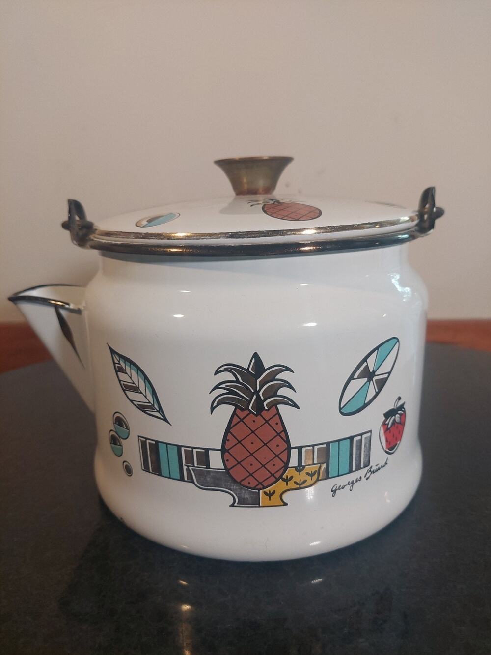 Vintage Georges Briard Enamelware AMBROSIA Teapot Pineapple Strawberry McM